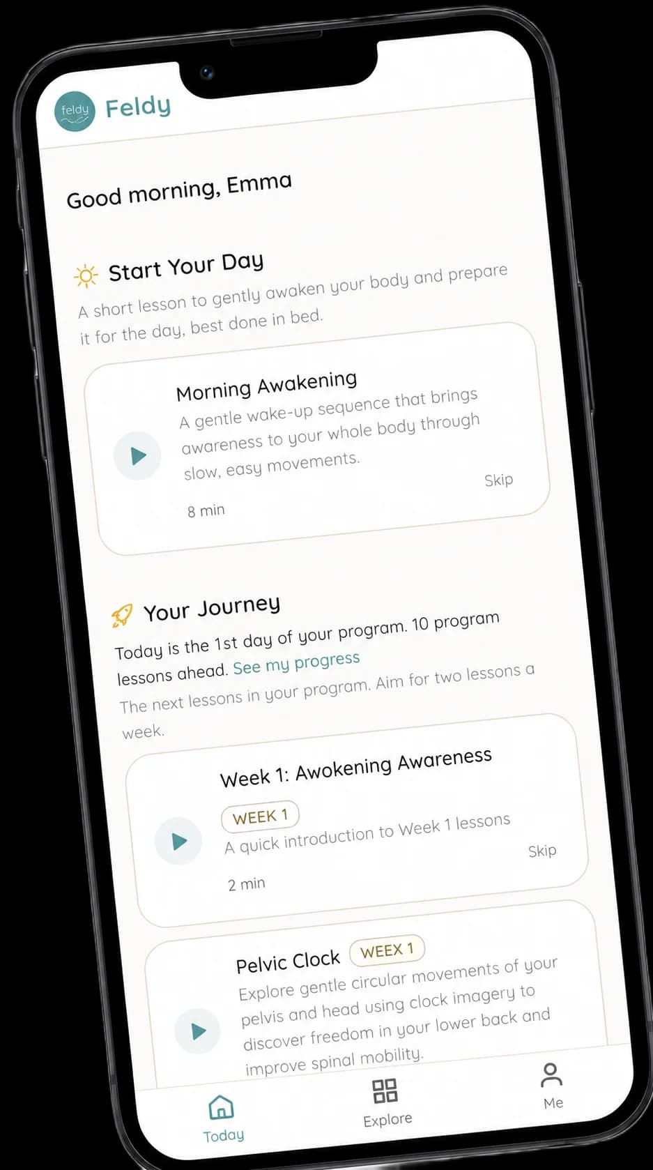 The Feldy app on a phone, showing today's morning lesson and your movement journey