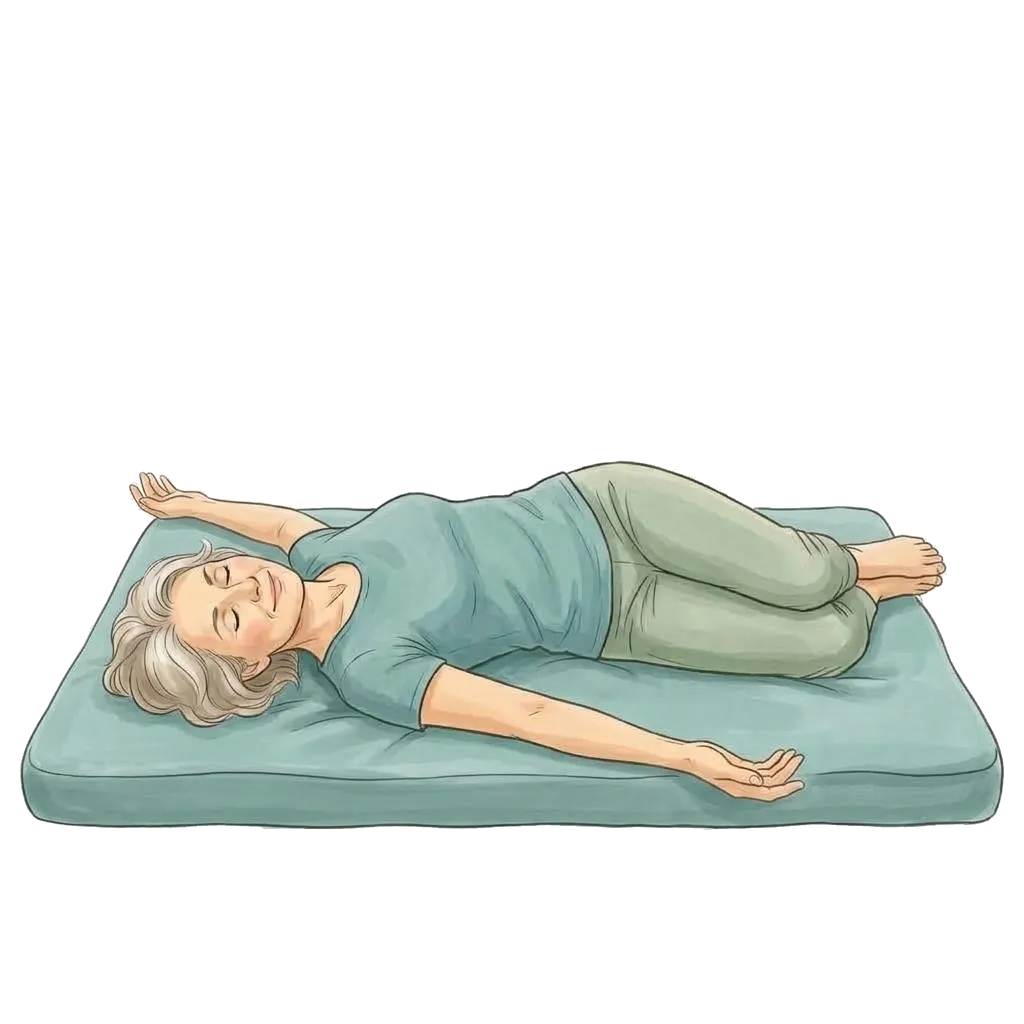 Woman lying on a cushioned mat in a gentle Feldenkrais spinal rotation